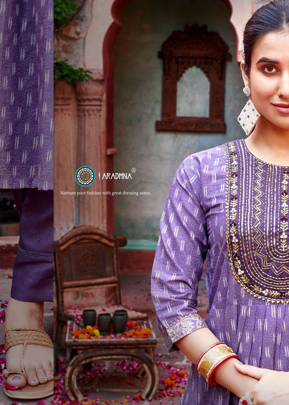 VINTAGE VOL 1 COTTON FOIL PRINT FANCY EMBROIDERY WORK KURTI WITH PANT DUPATTA BY ARADHNA BRAND 1002 C